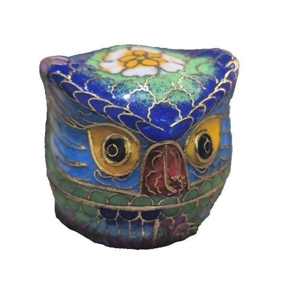 The Unbranded Brand Other - 1970's Vintage Owl Trinket Jewelry Ring Box Brass Cloisonne Enamel 2" Tall (C)